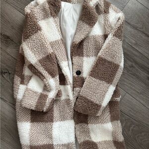 SHEIN Brown and White Checkered Teddy Jacket
